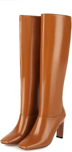 Hello Shero Chunky High Heel Pull On Knee High Boots for Women Closed Square Toe Patent Leather F... | Amazon (US)