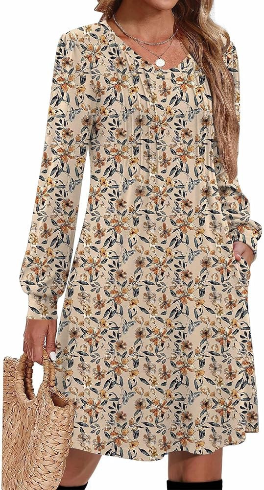 Zeagoo Fall Dresses for Women Long Sleeve Casual Pleated V Neck Dress 2026 A Line Tunic Dress | Amazon (US)