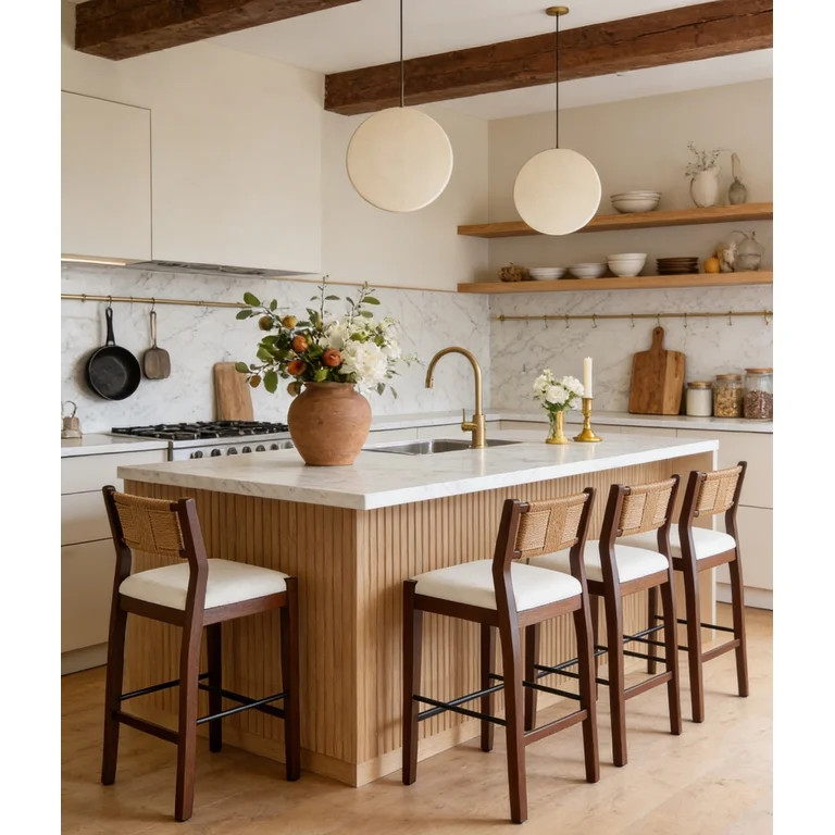 Guyou 26" Rattan Barstools Set of 4, Boho Solid Wood Counter Height Bar Stools, Chenille Upholste... | Walmart (US)