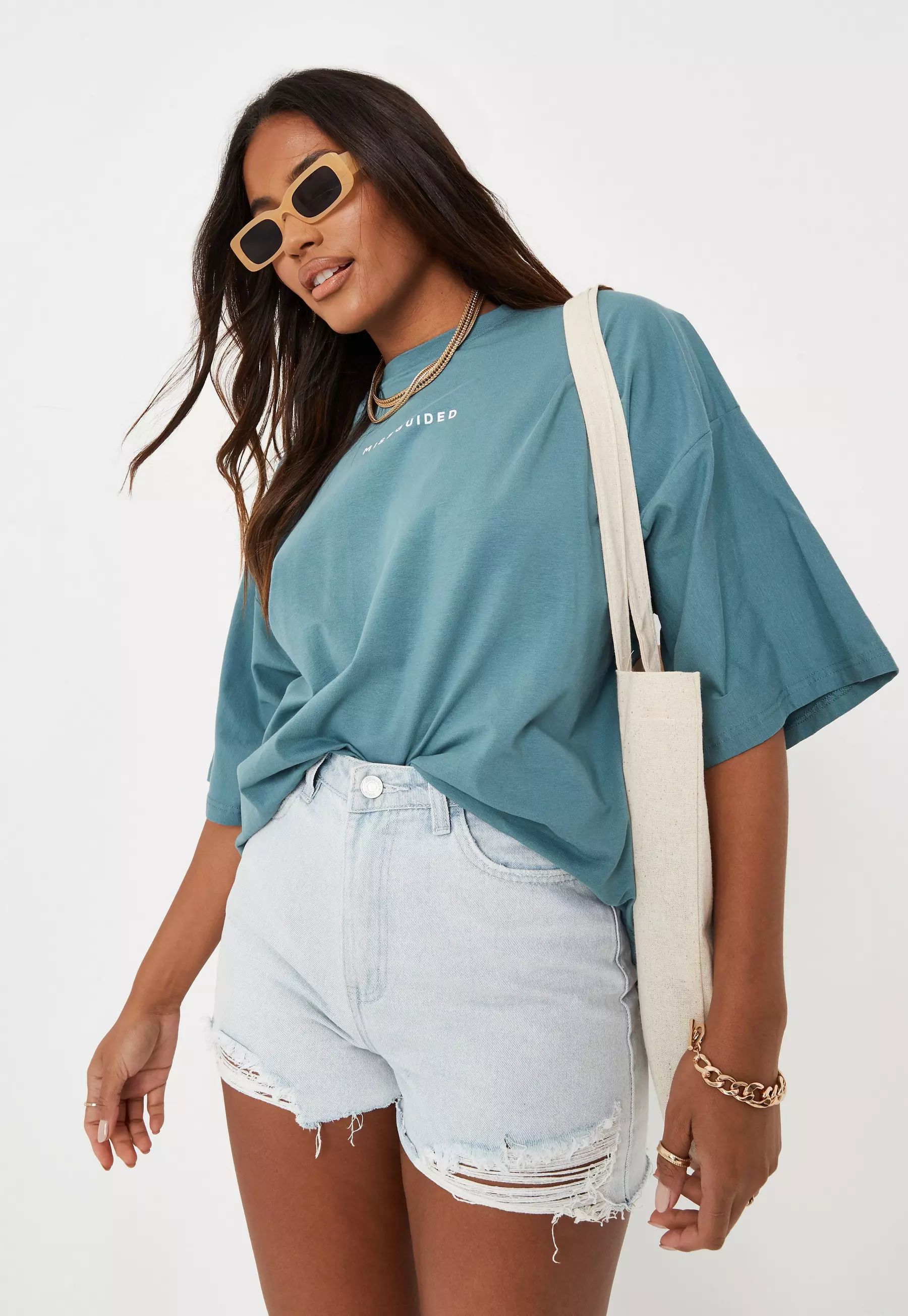 Recycled Light Blue Rip Highwaisted Denim Mom Shorts | Missguided (US & CA)