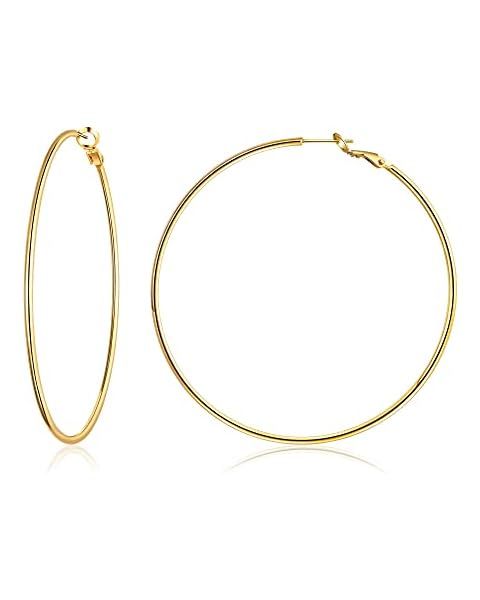 Amazon.com: Dainty 70mm 14K Yellow Gold Silver Big Large Hoop Earrings For Women Girls Sensitive ... | Amazon (US)