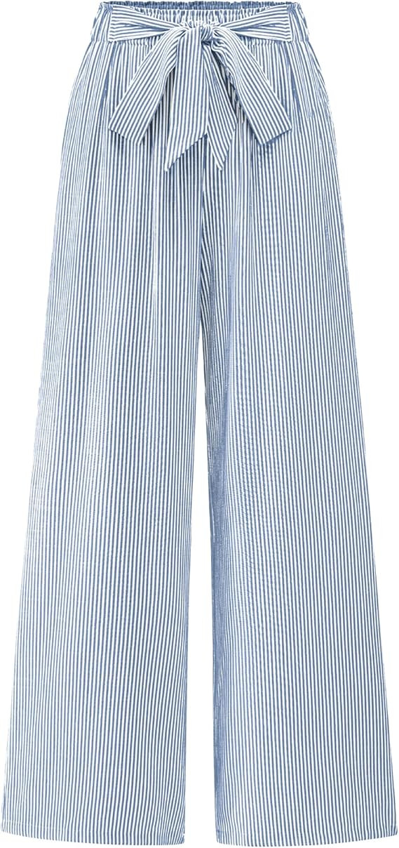 BTFBM Palazzo Pants for Women 2025 Fall Striped Flowy Tie Knot Wide Leg High Waist Dressy Casual ... | Amazon (US)
