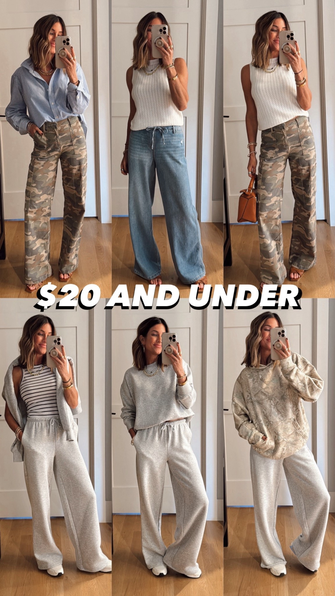$20 and under finds that look SO high end! I’m so, so impressed with these! 
Sizing: 👇🏼 
Camo pants xs 
Striped button down xs 
Denim true to size 
Sweatpants xs 
Grey sweatshirt small 
White knit tank xs
Camo hoodie medium (sized up to wear with leggings) 

#LTKFindsUnder50 #LTKStyleTip #LTKSeasonal