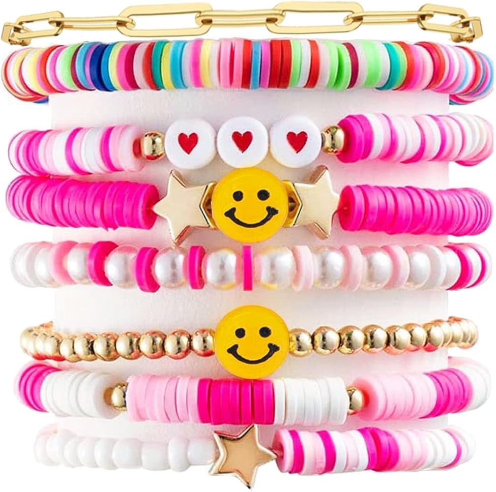 Palotay 8PCS Preppy Heishi Bracelets Colorful Smiley Face Evil Eye Beaded Stackable Bracelets Set Su | Amazon (US)