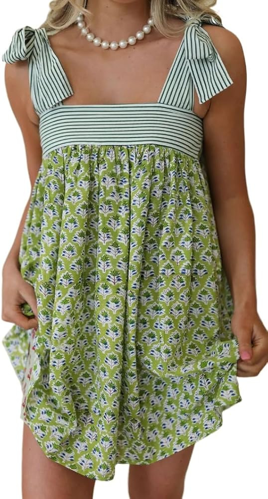 Womens Boho Floral Mini Dress Summer Cottagecore Striped Flowy Smocked Spaghetti Strap Coquette V... | Amazon (US)