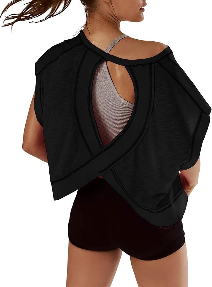 Kumufenc Women Short Sleeve Workout Shirts Open Back Tops Casual Yoga Y2k Athletic Gym Slouchy Cr... | Amazon (US)