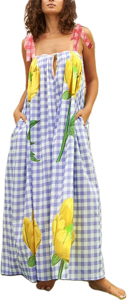Women Summer Boho Dress Floral Printing Sleeveless Tie Shoulder Flowy Maxi Dress Y2k Beachwear Su... | Amazon (US)