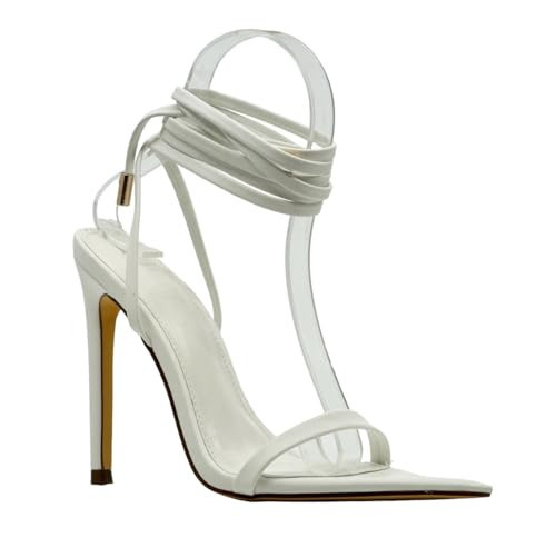 Liliana Women's Lace-Up Heels Sandals Strappy Pointed Toe Stiletto High Heel Sandals-Metallic Shoes Laurent-55 White 8.5 | Amazon (US)