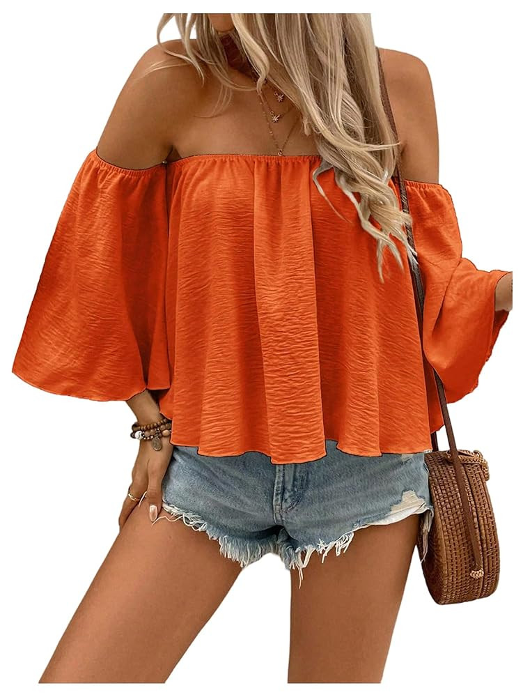 SweatyRocks Women's Sexy Cute Off Shoulder Ruffle Hem Flowy Chiffon Blouses Top | Amazon (US)
