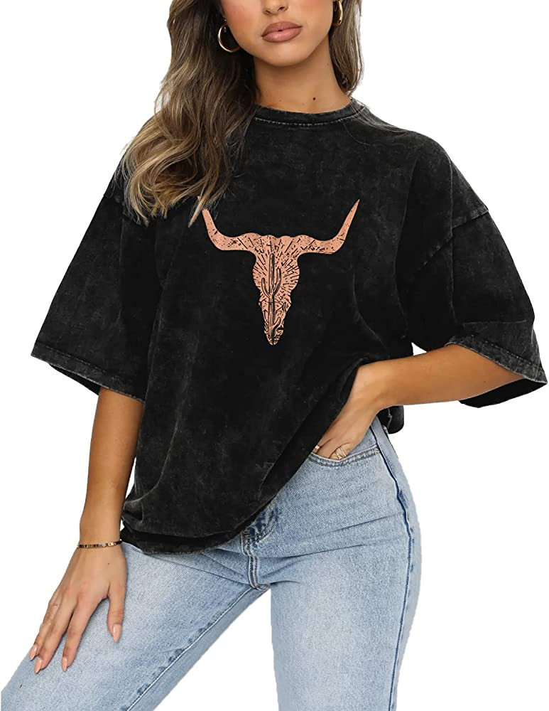Rodeo Cow Skull Shirts for Women Vintage Western Bull Skull Graphic T-Shirt Retro Short Sleeve Co... | Amazon (US)