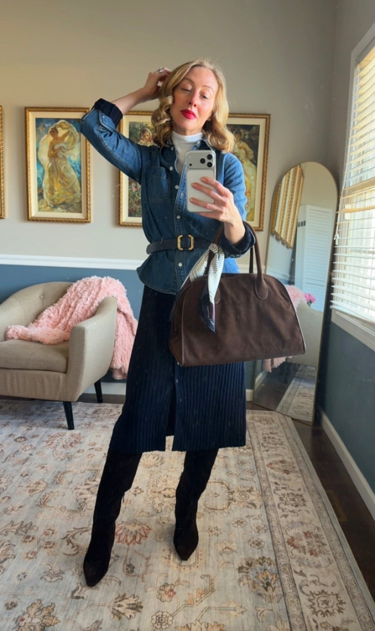Denim button-down shirt, white mockneck shell, navy button down dress, navy belt, tall brown boots, brown leather satchel.

Classic spring outfit idea for work or dinner.

Timeless American style.


#LTKOver40 #LTKSeasonal #LTKootd