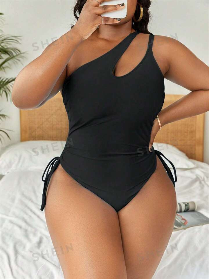 SHEIN Swim Curve Plus Cordão Ao Lado Cut Out Um Ombro Fato De Banho De Uma Peça | SHEIN PT | SHEIN