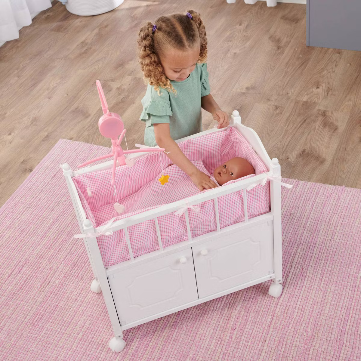 Badger Basket Cabinet Doll Crib with Gingham Bedding and Free Personalization Kit - White/Pink | Target