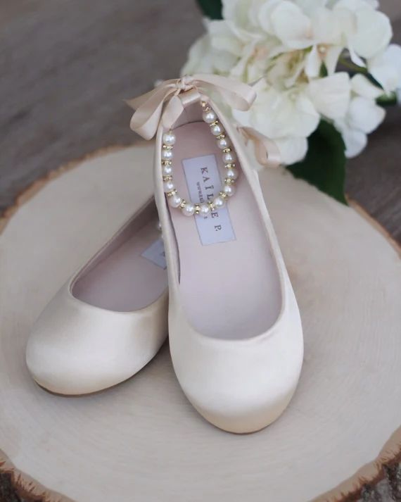 Champagne Satin Flats with Pearls Ankle Strap - Flower girls shoes, Gold Shoes, Bridesmaids Shoes | Etsy (US)
