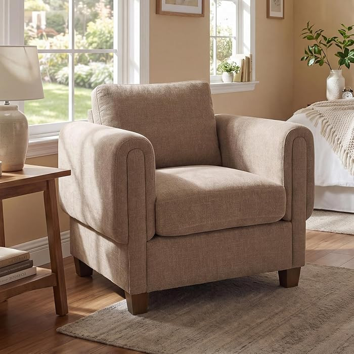 Modern Accent Chair, Upholstered Armchair Chenille Fabric Comfy Single Sofa Chair with Solid Wooden Frame for Living Room Bedroom, 1PC, Light Brown | Amazon (US)