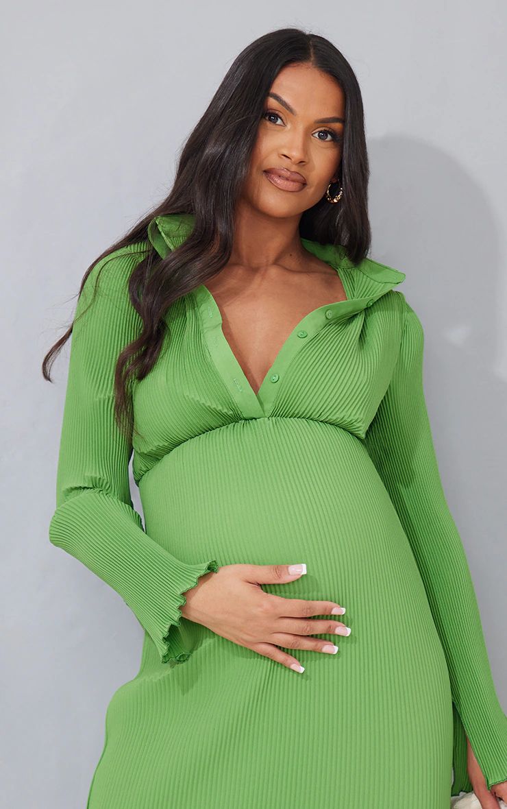 Maternité Robe de grossesse mi-longue verte plissée à boutons | PrettyLittleThing (FR)