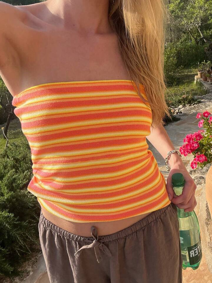 INAWLY Summer Casual Contrasting Striped Bandeau Top | SHEIN