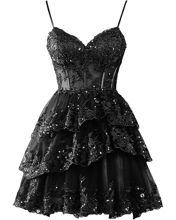 Women's Sparkly Sequin Lace Tiered Homecoming Dresses 2024 Spaghetti Straps Bodice Short Prom Par... | Amazon (US)