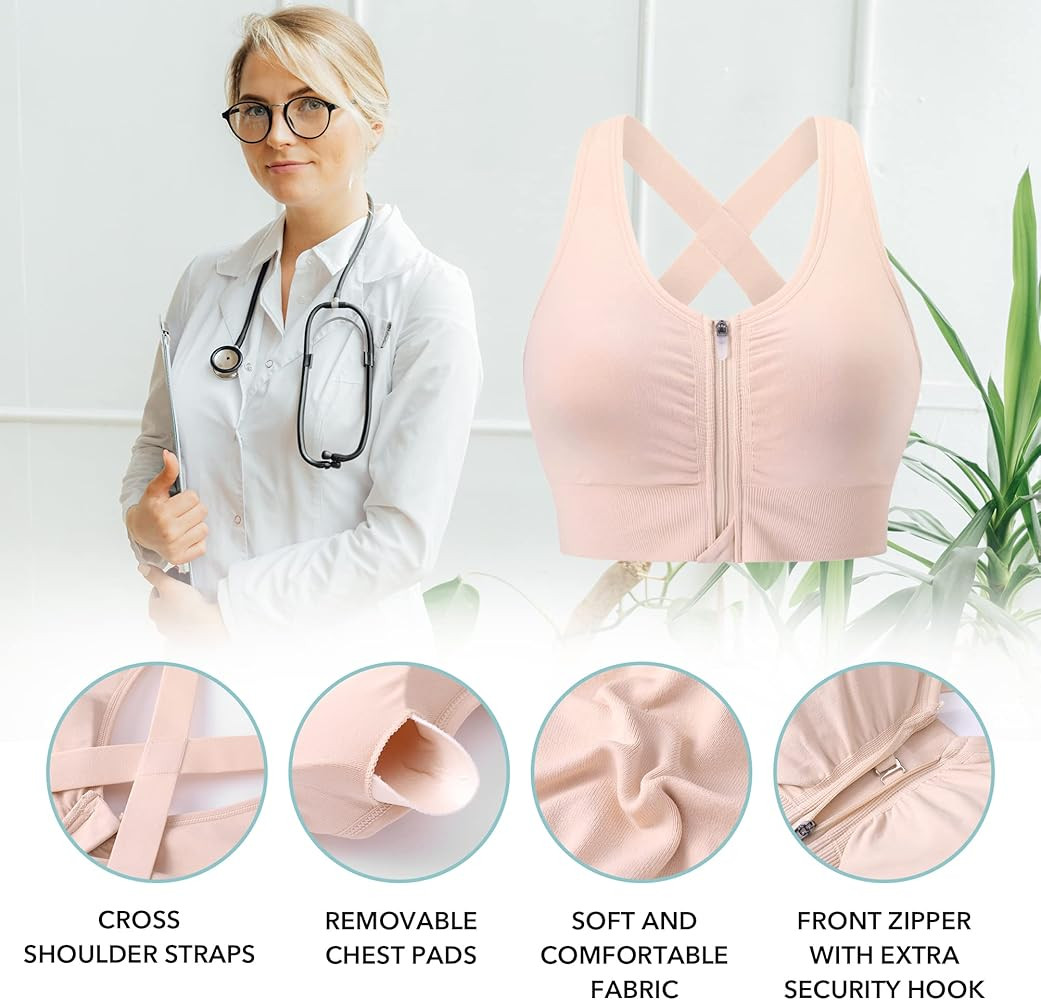 Evercute Zip Front Post-Surgery Bra Women's Wireless Sports Bras Padded Strappy Medium Support Yo... | Amazon (US)