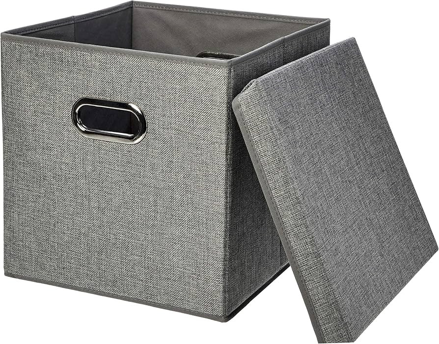 Amazon Basics Foldable Burlap Cloth Cube Storage Bin With Lid, Set of 2, Black | Amazon (US)