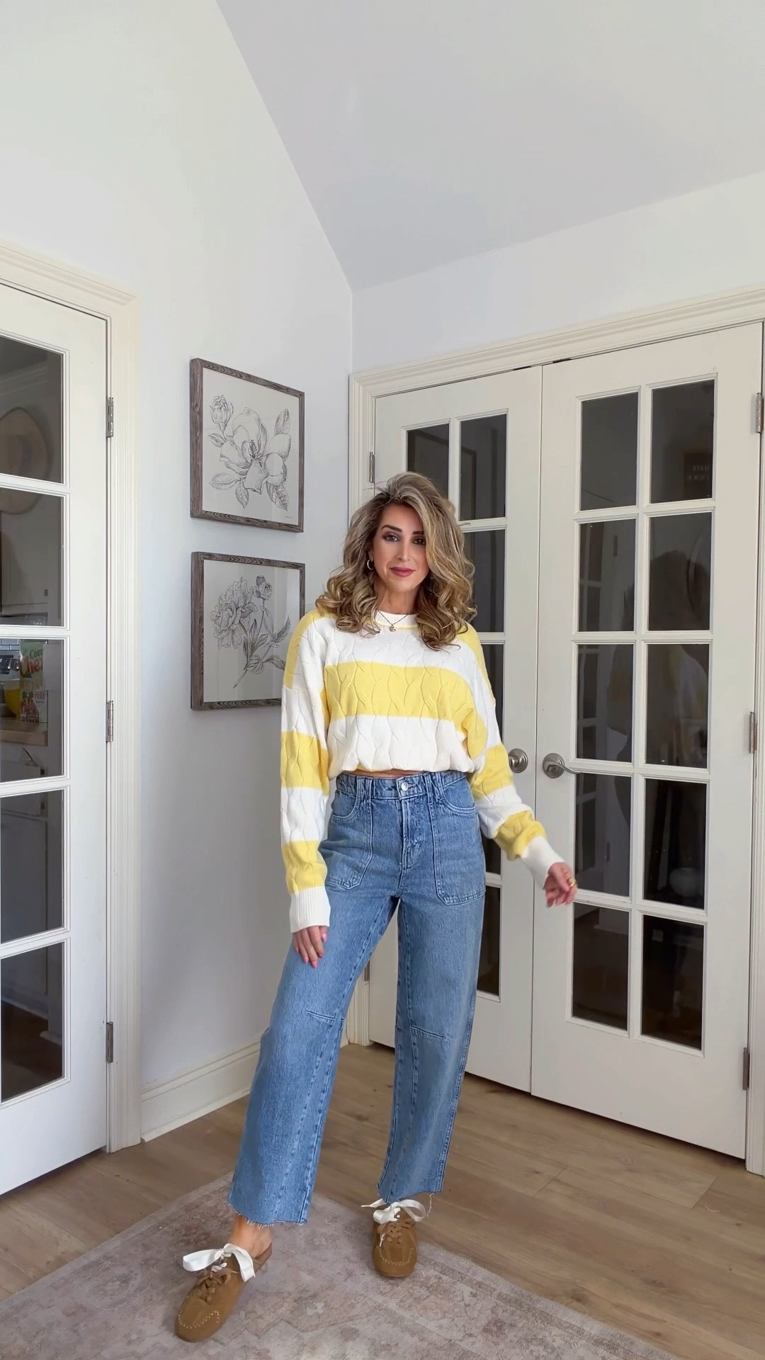 New spring arrivals at Walmart. 💛🩵💛

Spring outfits with jeans, spring outfit, barrel leg denim jeans, mules, yellow stripe sweater, casual outfit idea for transitioning into spring

#LTKgrwm #LTKOver40 #LTKootd
