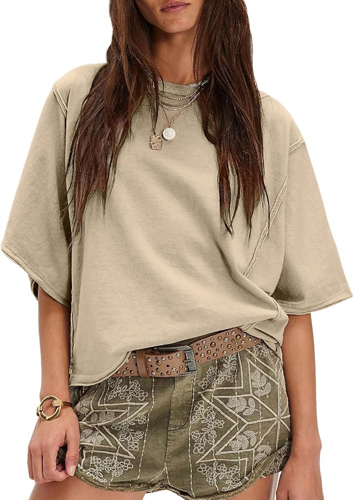 Women's Oversized Cotton T Shirt Loose Fit Casual Short Sleeve Summer Top 2026 Vintage Washed Bas... | Amazon (US)