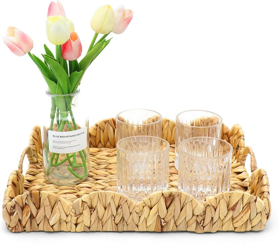 Scalloped Edge Wicker Rattan Serving Tray with Handles, Home Decor Organizational Trays, Handwove... | Amazon (US)