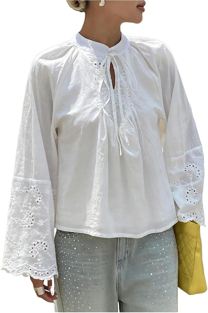 GORGLITTER Women's Eyelet Tops Boho Peasant Embroidered Blouses Bell Long Sleeve Tie Front Flowy ... | Amazon (US)
