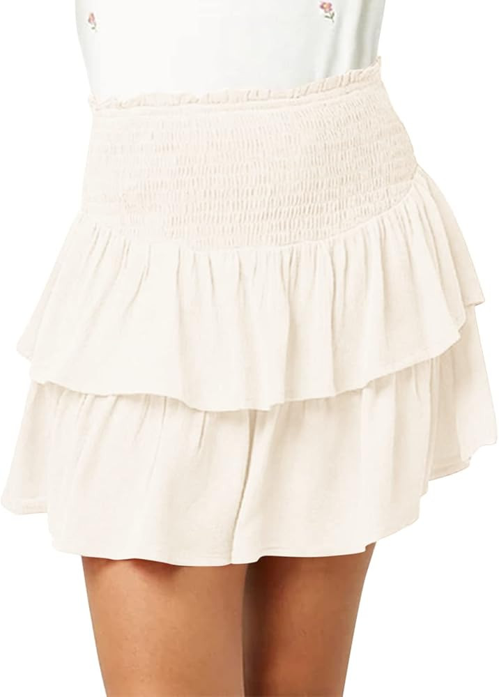Newffr Girls Smocked Ruffle Mini Skirts Cute High Elastic Waisted Tiered Short Skirt with Shorts ... | Amazon (US)