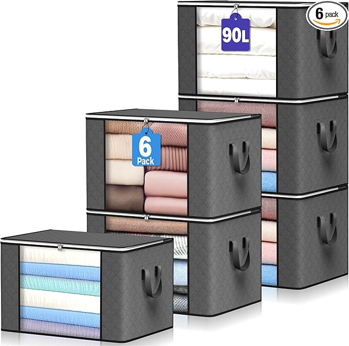 90 L Large Storage Bags, 6 Pack Clothes Storage Bins Foldable Closet Organizers Storage Container... | Amazon (US)