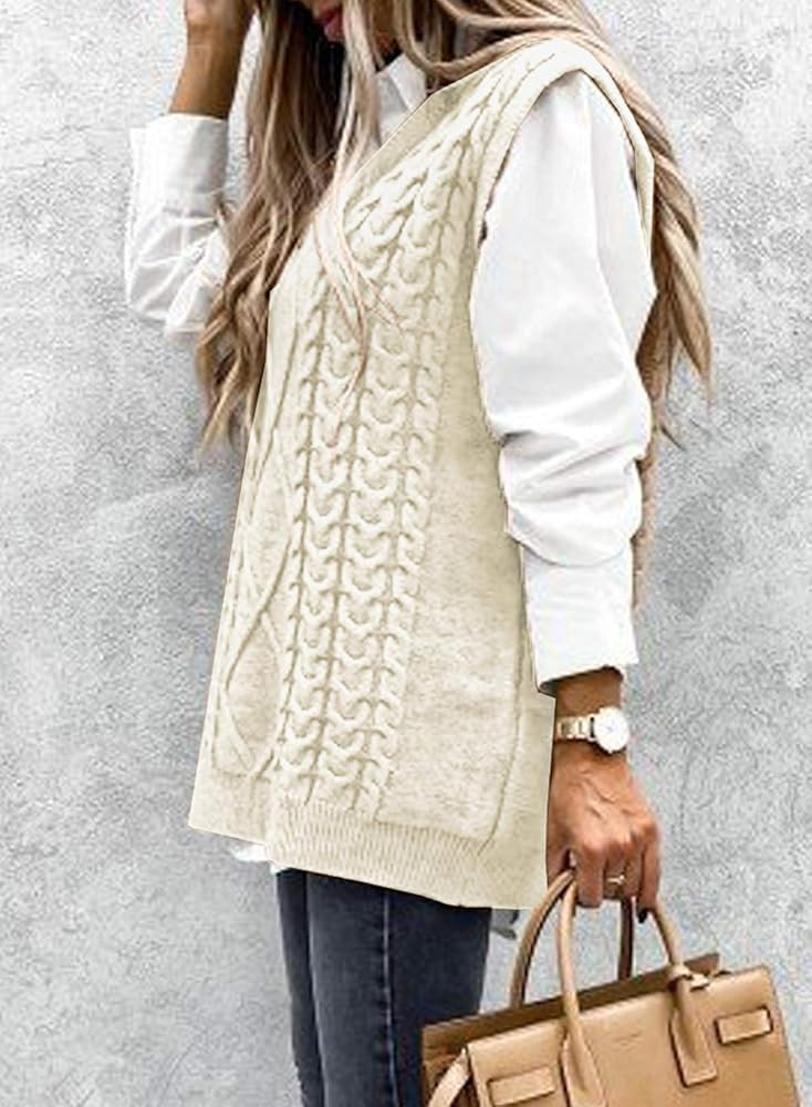 HOTAPEI Sweater Vest Women Oversized V Neck Sleeveless Sweaters Womens Cable Knit Tops | Amazon (US)