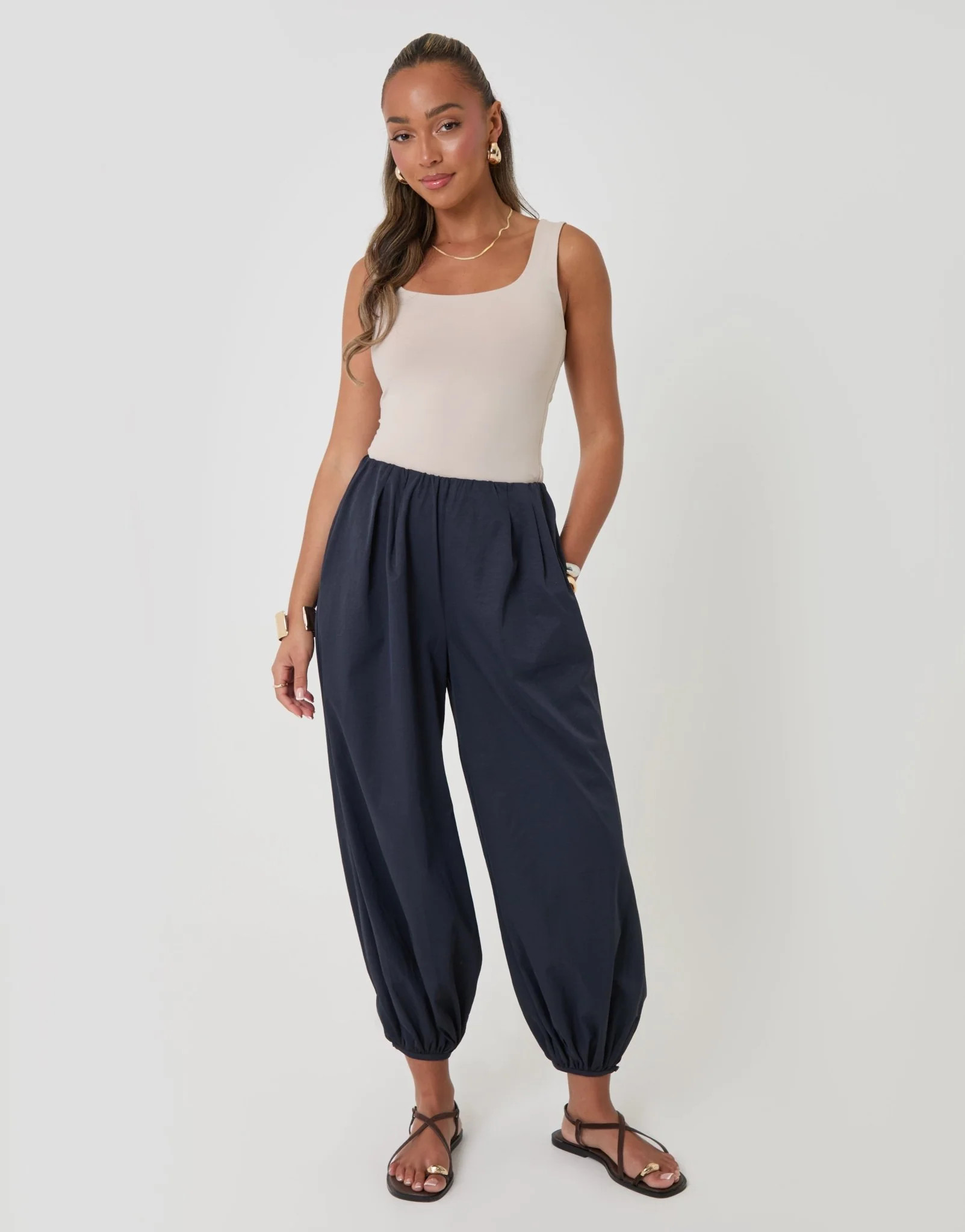 Balloon Trousers with Pockets in Navy | Threadbare UK