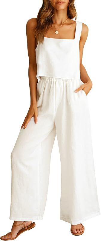 ANRABESS Women's 2 Piece Outfits Square Neck Linen Tank Crop Top Wide Leg Pants Matching Lounge Set  | Amazon (US)