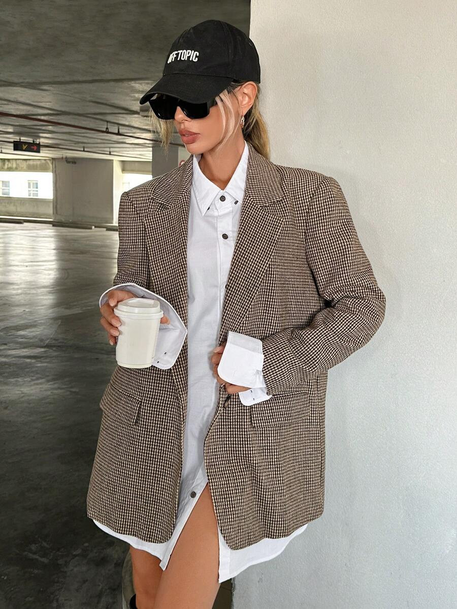 LocalSiren Gaze Women Lapel Collar Houndstooth Suit Jacket In Fall/Winter Brown Casual Plaid Chec... | SHEIN