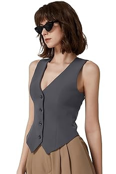 QINSEN Womens V Neck Vest Top Sleeveless Button Down Fully Lined Solid Going Out Crop Tops | Amazon (US)
