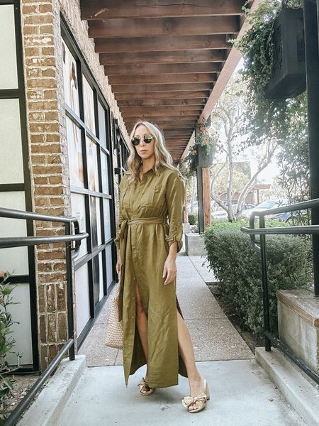 Perfect transitionalaxi button down shirt dress in this olive color or black spring outfit work outfit happy hour style 