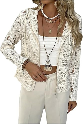 GORGLITTER Women's Lace Crochet Cardigan Jacket Lightweight Sheer Hoodie | Long Sleeve Zip Up Hoo... | Amazon (US)