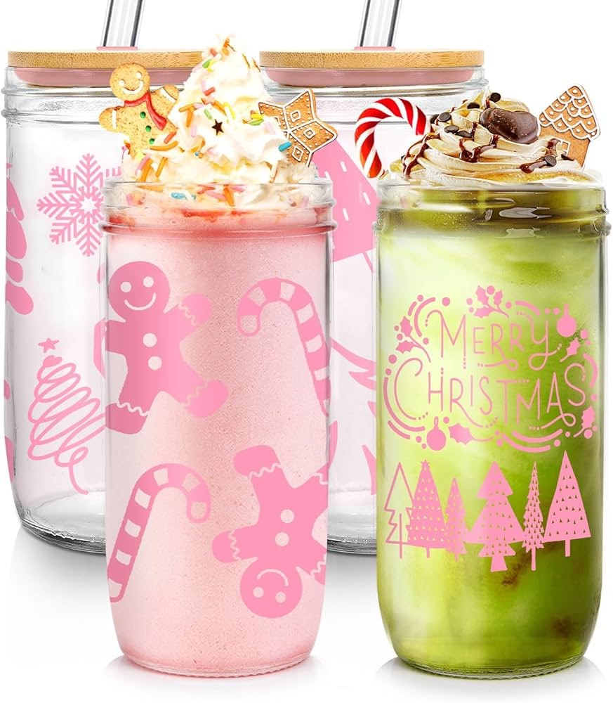 ANOTION Christmas Cups, Pink Christmas Mason Jar Glass Cups with Lids and Straws White Elephant G... | Amazon (US)