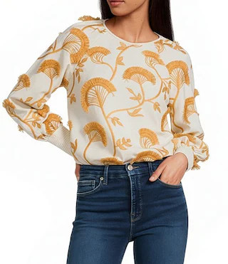 CIEBON Lenny 3D Floral Embroidered Linen Blend Round Neck Long Sleeve Bubble Hem Top | Dillard's | Dillard's