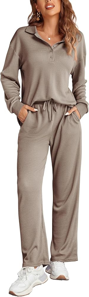 Ekouaer Womens 2 Piece Matching Lounge Sets Fall Outfits 2025 Sweatsuit Waffle Knit Pajamas Sets ... | Amazon (US)