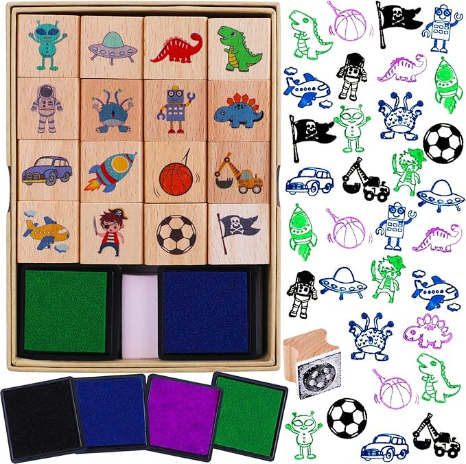 HOWAF 16pcs Wooden Stamps for Kids Boy Crafts with Ink Pad 4pcs, Dinosaur Football Outer Space Pi... | Amazon (US)