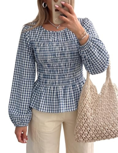 Watashi Women Gingham Smocked Peplum Top Long Sleeve Blouse(Navy-M) | Amazon (US)