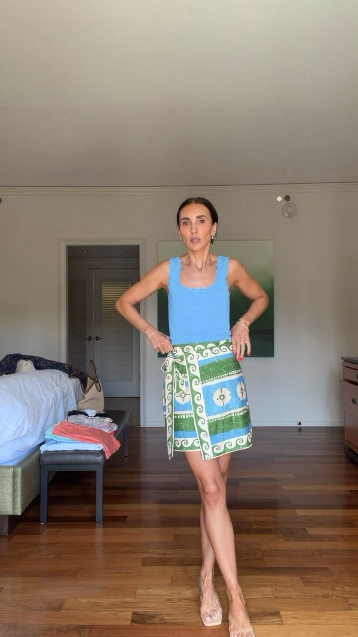 Tuckernuck dress, summer outfit, coastal vacation style, resort casual look, European summer outfit, vacation skirt outfit, printed skirt, blue tank, summer outfit, resort wear, vacation style

#LTKootd