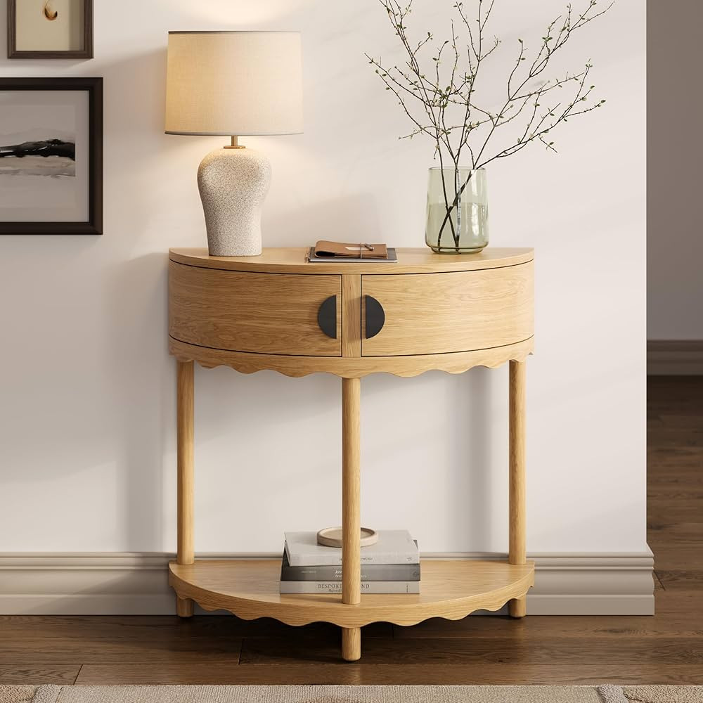Scalloped Skirt Half Moon Console Table - Small Entry Desk with Storage for Narrow Spaces - Moder... | Amazon (US)