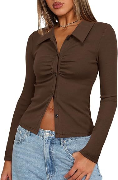 Darong Women's Long Sleeve Button Down Ruched Crop Top Shirts Going Out Tops Slim Fitted Y2K Tops | Amazon (US)