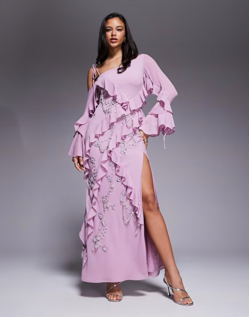 ASOS DESIGN raw edge ruffle embellished maxi dress with asymmetric sleeves in pink | ASOS (Global)