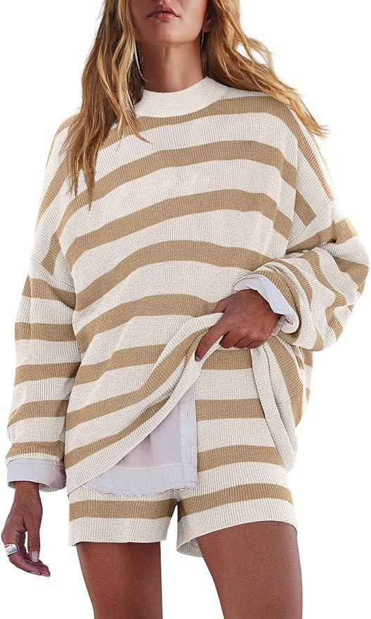 LAMISSCHE Womens Oversized Lounge Sets 2 Piece Outfits Striped Matching Pajama Set Long Sleeve Sw... | Amazon (US)