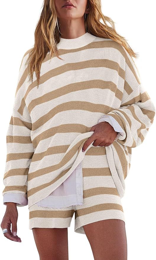 LAMISSCHE Womens Oversized Lounge Sets 2 Piece Outfits Striped Matching Pajama Set Long Sleeve Sw... | Amazon (US)