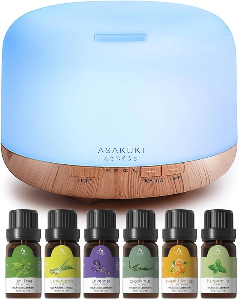 ASAKUKI Essential Oil Diffuser with Essential Oils Set, 500ml Aromatherapy Diffuser - 14 LED Colo... | Amazon (US)