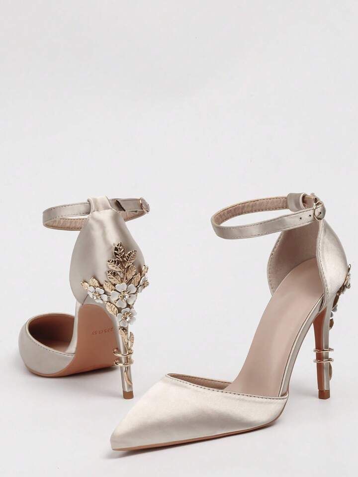 European And American Style Sexy Golden Floral Detail Stiletto Wedding Shoes With Pointed Toe And... | SHEIN